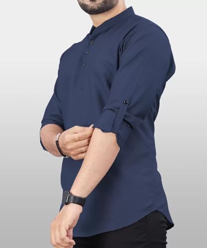 Image of DEEMOON Men's Regular Fit Solid Sprad Collar Casual Shirt with a Trendy Mandarin Collar Crafted from a Premium Cotton Blend