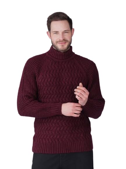 Men's Turtleneck Cable Knit Pullover Sweater Wine-picture-20