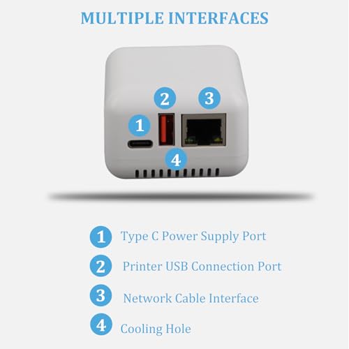 Jectse USB 2.0 Network Print Server, Network Cable Connection, Print Server Supporting Image Printing, Maximum Support 256GB, for Linux 3.4 for or Higher for Android for iOS(NO WiFi Function)