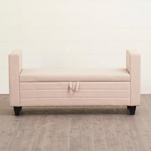 Image of 2 Seater Sofa Bench with Storage | Upholstered Fabric Ottoman Bench with Armrest | Hidden Storage Seating for Living Room Bedroom Entryway | Modern Lounge Bench Footrest Seat | Beige