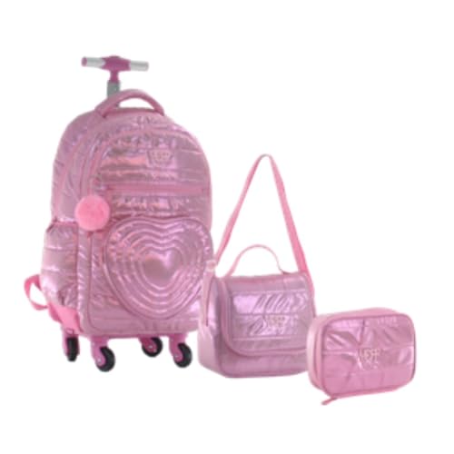 Kit Mochila Coração Glitter Rodinha 360° Feminina Escolar Candy Collor Com Chaveiro Lancheira Térmica e Estojo (ROSA)