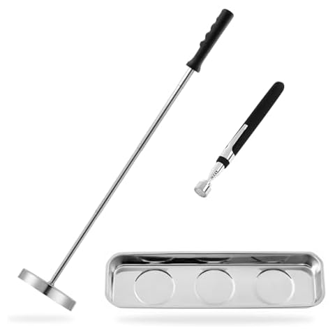 Rechabite 3PCS Magnetic Sweeper Telescoping Pick-up Tool, 35LB Screws Parts Finder, 3.5LB Magnet Stick, Rectangle Magnet Tray, For Pickup Nails, Metal Retrieving, Mechanic's Set Cover