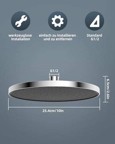 Hibbent Selbstreinigende Regendusche Duschkopf, Fester Duschkopf Regendusche 10 Zoll, Runder Regenduschkopf mit Reinigungsvorrichtung, Chrom