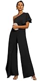 One Shoulder Mother of The Bride Jumpsuit Chiffon Formal Pantsuits for Women Wedding with Cap Sleeeve Black