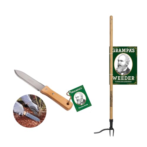 Grampa's Weeder & Garden Knife Bundle - Original Stand Up Weed Puller with Bamboo Handle & 4-Claw Steel Head + Versatile 7