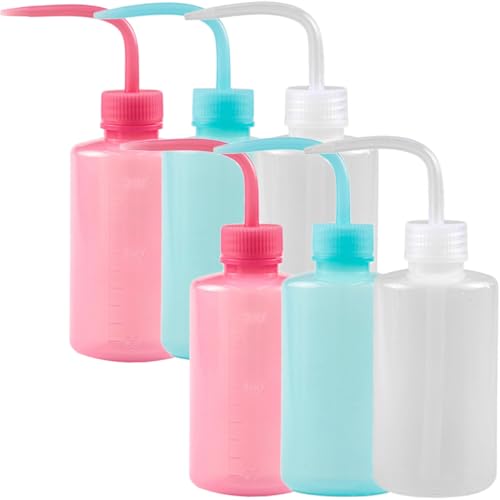 JOYOFREELY 6pcs 250ml Eyelash Extension Wash Bottles Leakproof Squeeze Rinse Bottles for Lash Cleaning with Curved Nozzle, White Pink Blue for Beauty Salon and Personal Use