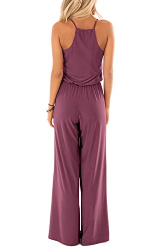 Lacozy Women's Summer Jumpsuits Casual Sleeveless Jumpsuit Drawstring Elasitic Waist Romper Pajama Purple Red Large #TOP1