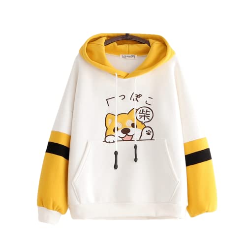 Shiba Inu Ears Kawaii Hoodie für Damen, Anime, niedlich, ästhetisch, Welpen, japanischer Cartoon, Kapuzen-Sweatshirt, Fleece, langärmelig, Weiss/opulenter Garten, Einheitsgröße