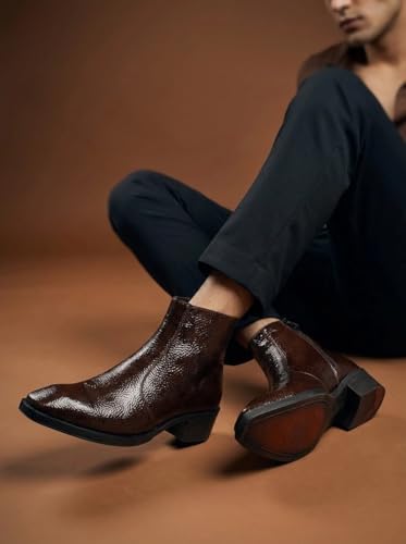 Image of Big Fox Men's Tan Textured Cuban Boots | Premium Ankle-Length Fashion Boots | Stylish, Durable & Comfortable