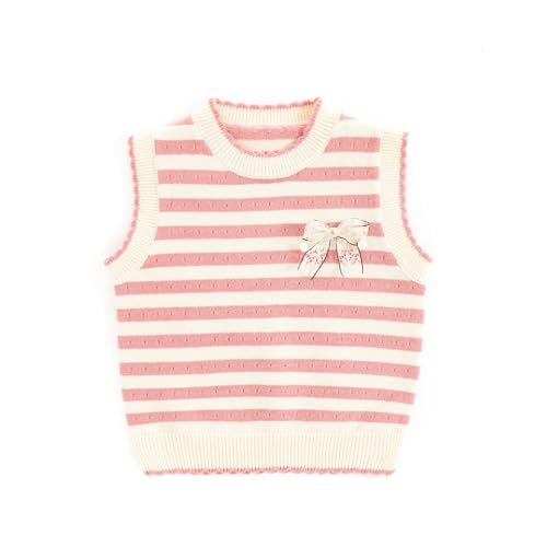 gztz61 kids Girls Crew Neck Sweater Vest with Bow Striped Sleeveless Knit Sweater Pullovers Sweater for 3T-8T Pink