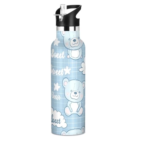 Cute Bear - Botella de agua deportiva a prueba de fugas y sin BPA con tapa de boquilla a prueba de fugas, caliente y frío, doble pared para viajes y deportes