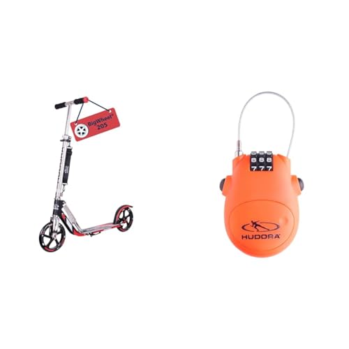 HUDORA 14724 BigWheel 205-Das Original mit RX Pro Technologie-Tret-Roller klappbar-City-Scooter, schwarz/rot & Kabel-Schloss Fahrrad Scooter, Zahlenschloss, 14492