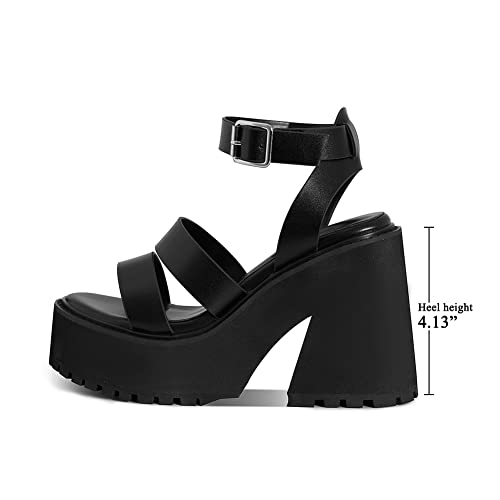 Celnepho Womens Platform Sandals Comfort Open-Toe Chunky Block High Heel Fashion Strappy Punk Goth Walking Sandals Summer Black Sandals #TOP5