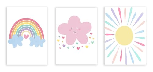 Affiche arc-en-ciel nuages soleil décoration murale bohème rose pour chambre bébé fille Lot de 3