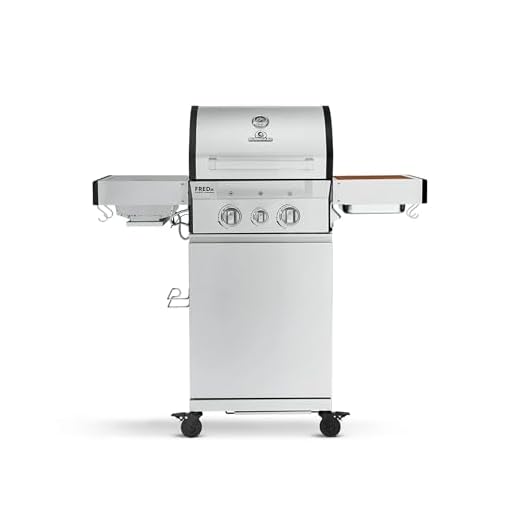 BURNHARD 2-Brenner Gasgrill FRED Jr. Deluxe 2023 inkl. 900°C Infrarot-Keramikbrenner, Gusseisen-Grillrost, Grillabdeckung, Edelstahl Grillwagen + klappbare Seitentische