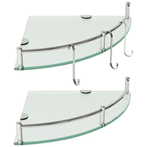 HouseMila Glass Shower Shelves, 2 Tier Tempered Glass Corner Shelf Shower Organizer with Extra 3 Hangers Shower Shelves for Inside Shower Cover