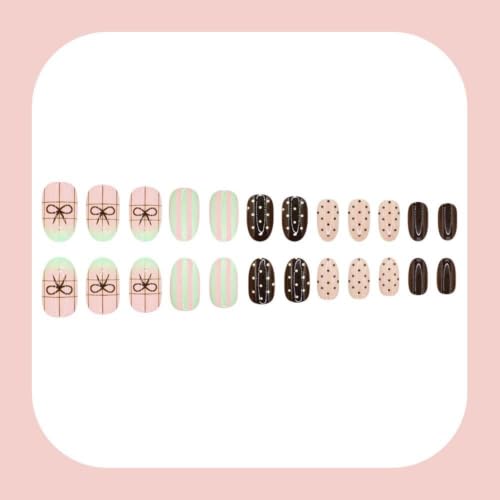 Image of Polka Dot Press on Nails Brown Fake Nails Bow False Nails Short Almond Nail | with Stripe Design Reusable Nude Glossy Full Cover French Tip Stick on Nails Fall Nails Press ons for Women Manicure 24Pcs