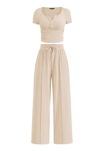 PRETTYGARDEN Womens 2 Piece Outfits Summer 2026 Ribbed Knit Button Short Sleeve Tops Casual Wide Leg Pants Lounge Sets(Beige,Large)