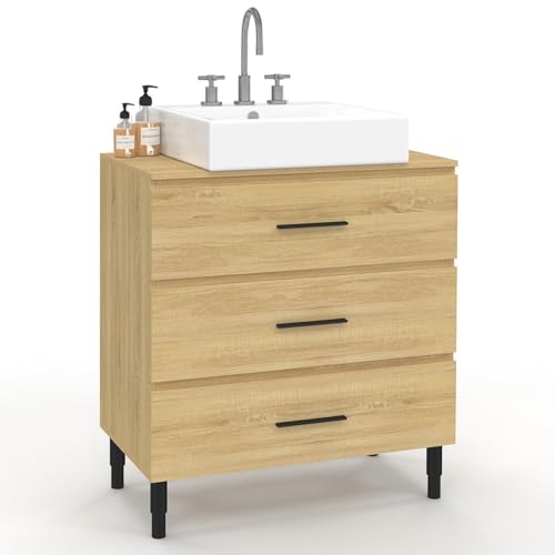 IDMarket - Meuble sous Vasque 80 cm Salle de Bain 3 tiroirs façon hêtre et Noir avec Pieds télescopiques