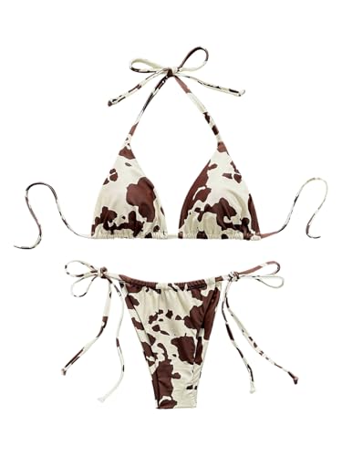 SHENHE Womens String Bikini Set Cow Print Triangle Halter Tie Side Bottom 2 Piece Swimsuits Brown and White Large