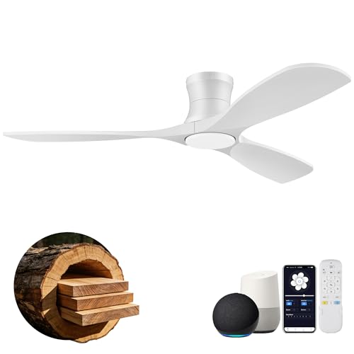 52” Smart Wood Ceiling Fans with Lights Remote,Low Profile Flush Mount Ceiling Fan with Alexa App Control,3 White Blades,Outdoor Indoor Use for Modern Bedroom Patio,Dimmable LED,6-speed,Quiet DC Motor