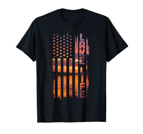 Life is Better At The Lake Pontoon Boating Wakeboard US Flag T-Shirt