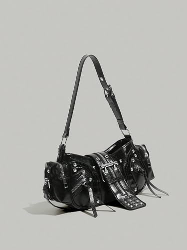 Vintage Shoulder Bag for Women Y2k Purse Adjustable Crossbody Handle Handbag Motorcycle Bag Leather Punk Underarm Bags4