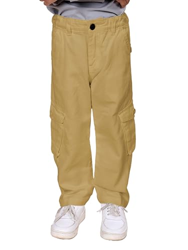 Image of KiddoPanti Boys Cargo Pants | 100% Cotton Twill | Comfortable Regular Fit | Elastic Waistband & Zip Fly | 6 Pocket Lower for Kids | Full-Length Casual Wear