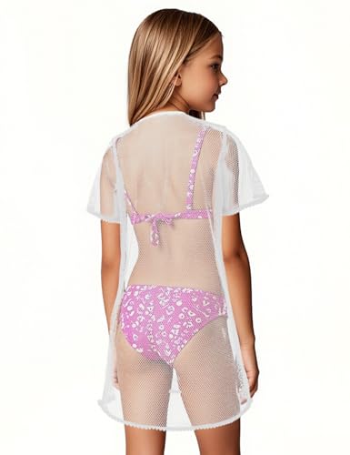 Image of Girls Swim Cover Up Kids Short Sleeve Beach Bathing Suit Bikini Cover Wraps With Pom Pom Trim 4-13 Years