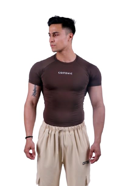 Image of COITONIC Men's Half Sleeve Compression T-Shirt - Athletic Base Layer for Gym, Sports & Fitness Training