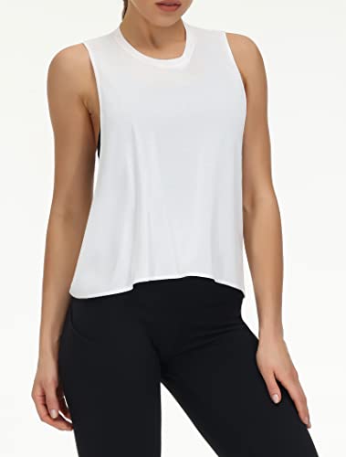 The Gym People Women's Open Cross Back Workout Tank Tops Loose Fit Sleeveless Yoga Running Shirts White #TOP1