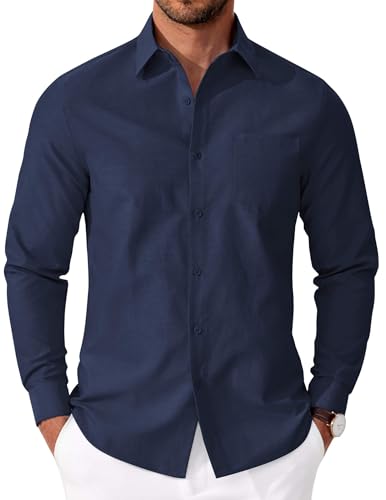 COOFANDY Mens Long Sleeve Oxford Shirt Soild Button Down Cotton Shirts Casual Dress Shirts Navy Blue