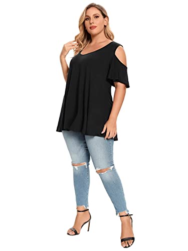 Larace Cold Shoulder Tops For Womens Plus Size Shirts V Neck Tunic Ruffle Sleeve T-Shirts Loose Summer Clothes(Black 2X) #TOP6