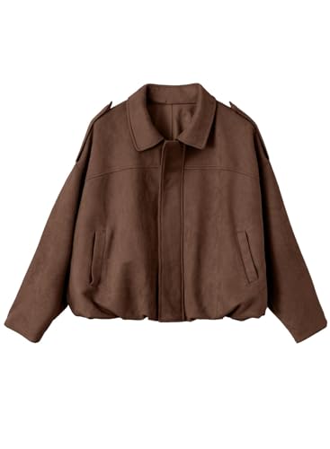 EVALESS Jackets for Women Faux Suede Bomber Jackets Casual Long Sleeve Spring Coats Fashion 2026 Zip Up Cropped Jacket Trendy Outerwear with Pockets Brown X-Large
