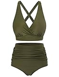CMTOP Bikini Sets for Women UK Tummy Control High Waisted Bikini Set Padded Push Up Swimming Costume V Neck Swimwear Two Piece Ruched Swimsuits Crossback Bathing Suits Beachwear(Green,L)