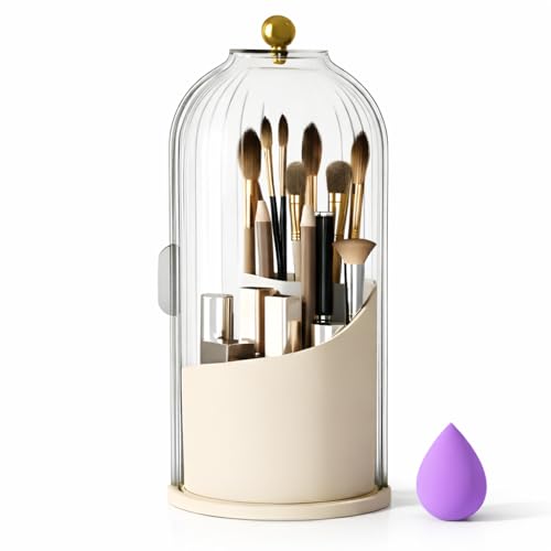 Image of OCEANEVO Cosmetic Makeup Brush Holder with Makeup Sponge, Dustproof Makeup Brush Organiser Stand with 360 Rotatable Lid - 12.5 x 27 Cm - Beige - 1 Year Warranty