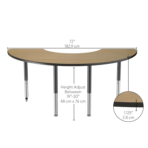 Factory Direct Partners 36" x 72" Half Moon Classroom Table, Adjustable Height 19"-30" - Pasadena Oak/Black