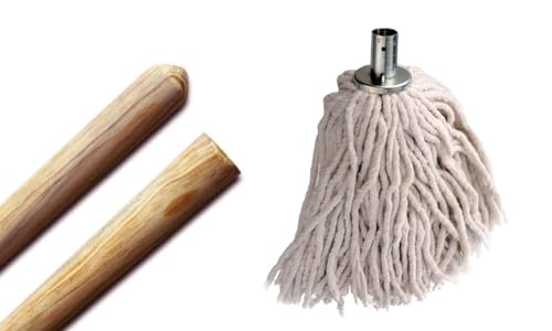 Image of Best House Pine Wood Mop Handle 1.2 Metres x 22mm with Cotton 16 Ply Metal Socket Head 280g for Floor Cleaning/Sweeping in Home/Office