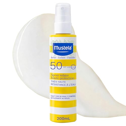 Mustela Spray Lait Solaire Spf 50, Visage, Corps, Avocat et Vitamine E, Bébé, Enfant, Famille entière, Grossesse - Très haute protection contre les UVB et UVA (200ml)