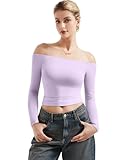 SUUKSESS Women Off The Shoulder Double Lined Long Sleeve Shirts Fitted Y2k Basic Going Out Tops (Lilac, M)