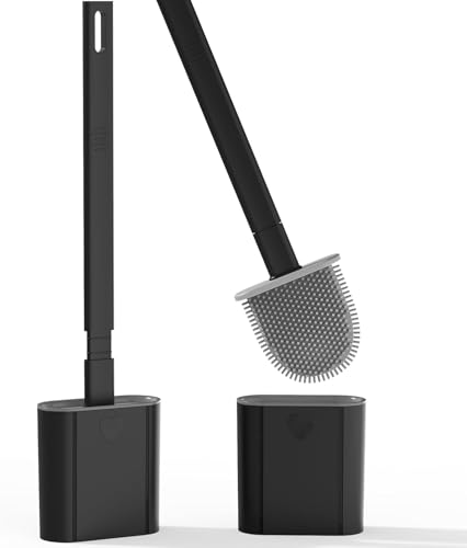 2 Pack Toilet Brush, Bathroom Silicone Toilet Brushes and Holder Sets with No-Slip Long Plastic Handle and Soft Flexible Bristles, Toilet Brushes with holders and Base for Anti-drip (Black) option