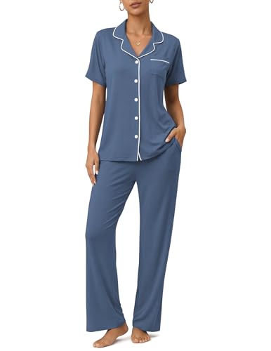 Image of Womens Pajamas Sets 2 Piece Button Up Pj Sets Short Sleeve with Long Pant
