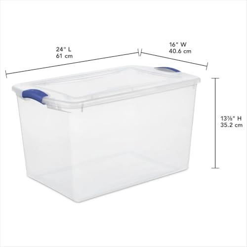 Image of Storage Bins 66 Qt Clear Latching Lid Stackable 6 Pack for Closet. | Clear Construction with Color Latches - Easy to see contents without opening. Color latches keep lids securely attached.
