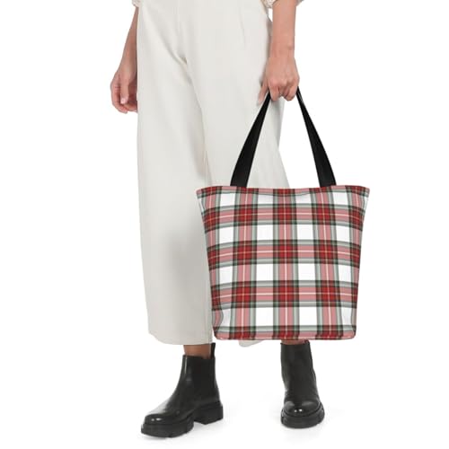 Christmas Plaid Red Tartan Check Reusable Zippered Shoulder Bag, Stylish Polyester Tote With Wide Handle & Inner Pocket, Lightweight Durable Shopping & Travel Bag4
