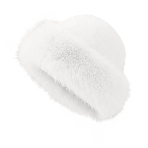 Women's Faux Fur Fashion Hat for Winter, Russian Style Warm Cap Hat Faux Fur Headband Solid Color Winter Warm Hats White