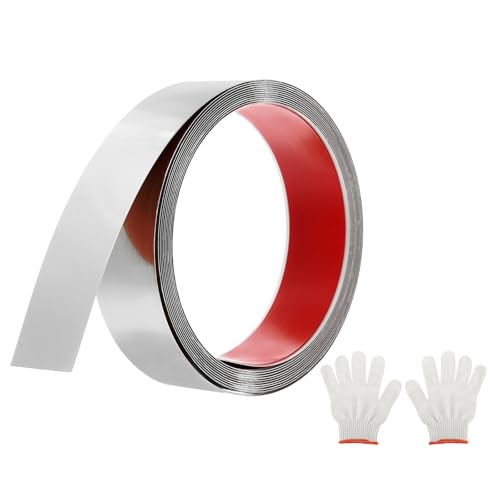 QUARKZMAN Moulures Décoratives Autocollantes en Acier Inoxydable, 5m X 4cm Argenté Garniture de Moulure Murale Autocollante avec Finition Miroir avec des Sacs et des Gants pour Mur, Sol