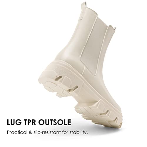 DREAM PAIRS Women's Platform Chelsea Boots Lug Sole Combat Mid Calf Slip On Chunky Ankle Booties,Size 5,Beige/White/Pu,DMB212