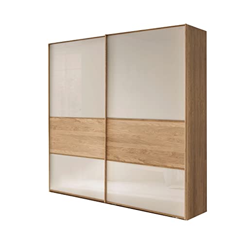 WIEMANN Kiruna Kleiderschrank, Schwebetürenschrank, Schlafzimmerschrank, Eiche teilmassiv, Champagner, Creme, Breite 200 cm / 236 cm Höhe