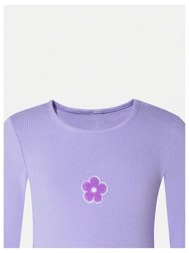 Floerns Girl's 3 Piece Floral Patch Long Sleeve T Shirts Striped Crew Neck Casual Tops Black Purple Pink 10Y4