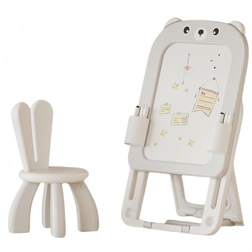 miluFox折りたたみ式 お絵かきボード ホワイトボード 子供用 大型 知育玩具 高さ調節可能 マグネット式 スイス製 磁気ペンで書いて消せる おもちゃ 椅子付き (グレイッシュホワイト,うさぎ椅子 + 知育スタートセット)